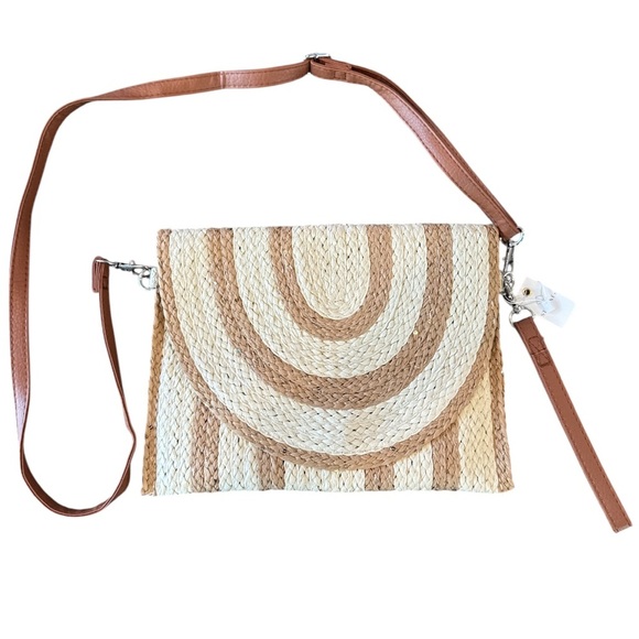 Cream & Tan Two Tone Straw & Sequin Clutch Wristlet or Crossbody Bag NWT - Picture 3 of 13